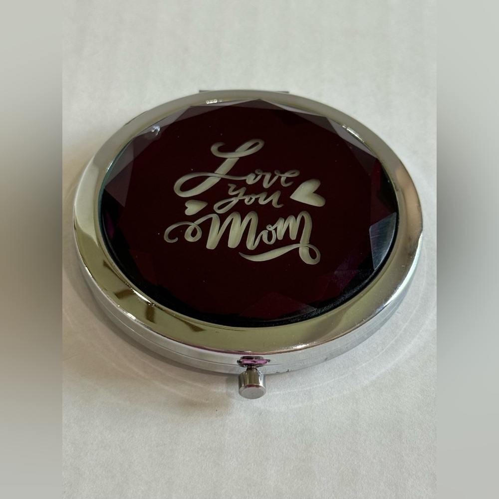 Retro Metal Travel Makeup Mirror 1x/2x Magnifying Compact "Love You Mom" - Picture 6 of 9